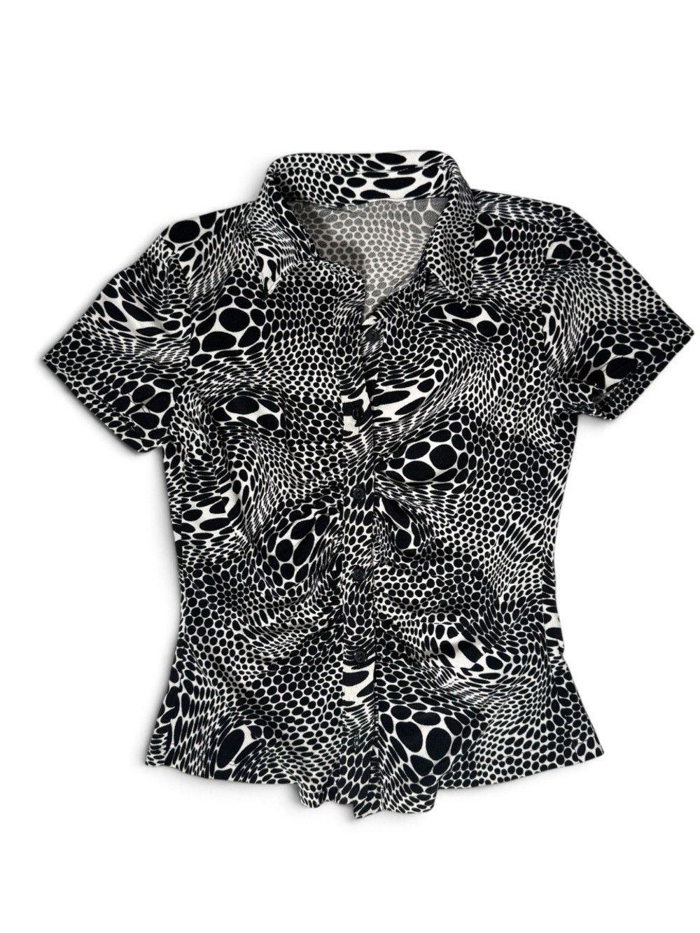 Y2K Trippy Op-Art Ruched Button Up Top- Small